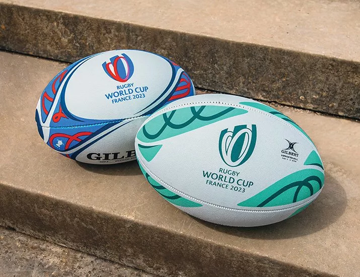 RWC 2023 Rugby Balls donning the web ellis trophy. Purchase at Lovell-rugby.co.uk