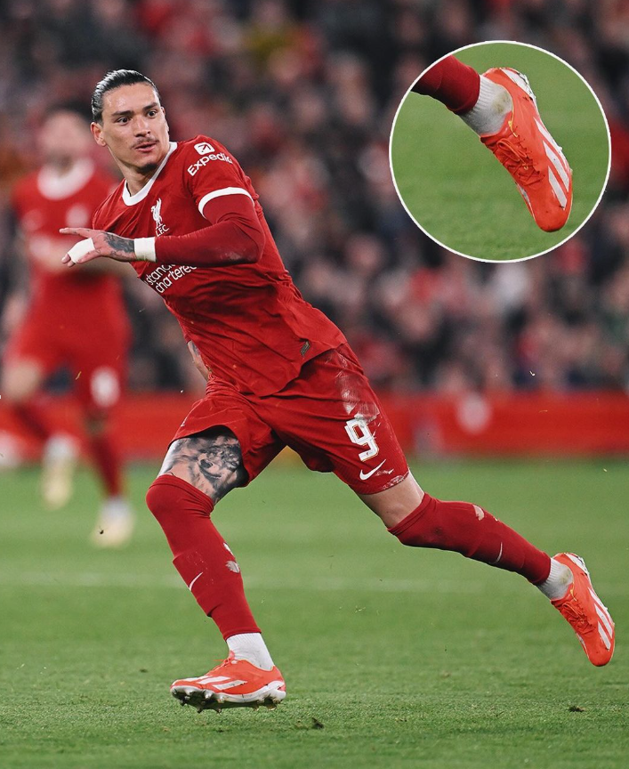 Darwin Nunez rocking the adidas X Crazyfast + Football Boots on-pitch