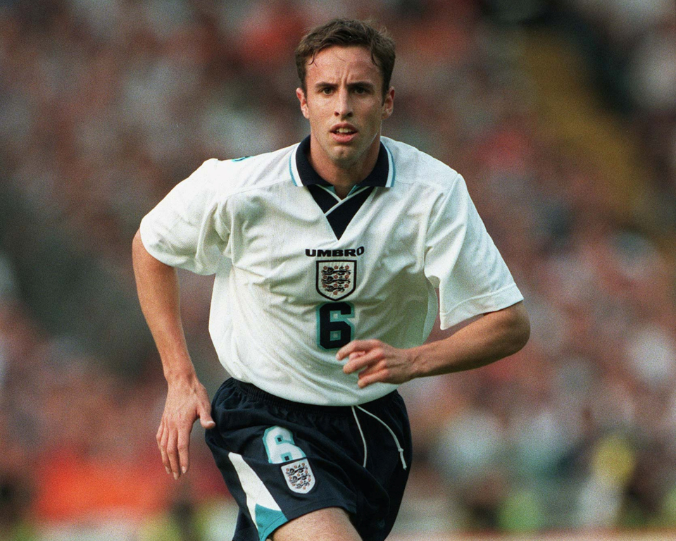Gareth Southgate wearing the England Home Shirt from the 1996 Euros