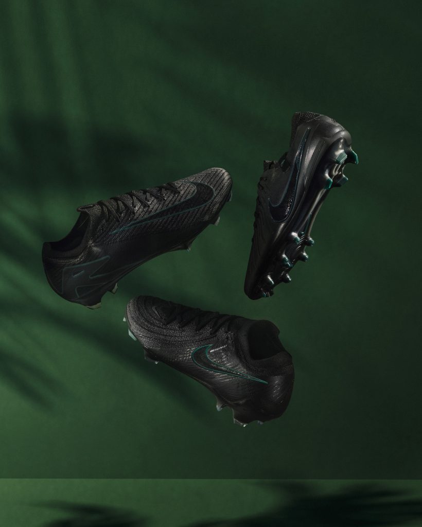 Nike Shadow Pack 2024 football boots featuring the latest Nike Mercurial Vapor 16 (Left), Nike Tiempo X (Right) and Nike Phantom GX II (Bottom) in Black & Jungle Green.