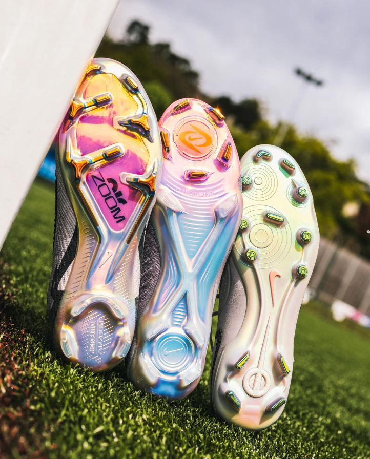 Firm Ground Soleplate as part of the Nike Rising Gem Pack. Mercurial Left, Phantom GX 2 Middle and Nike Tiempo 10 Right.