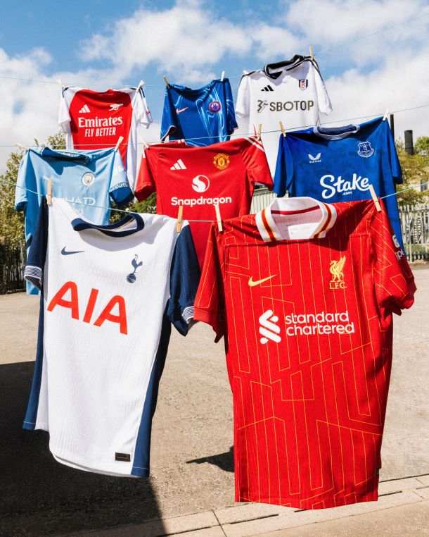 The latest Premier League Home Shirts featuring Arsenal, Chelsea, Nottingham Forest, Man City, Man Utd, Everton, Tottenham Hotspur and Liverpool.