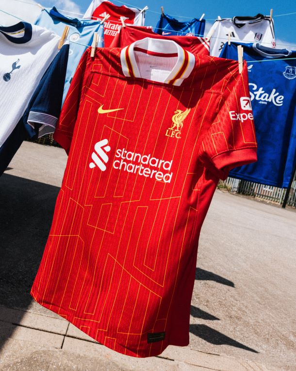 LFC Home Shirt for 2024/25. Featuring red base colourway with gold LFC & Nike logos and striping on the white collar.