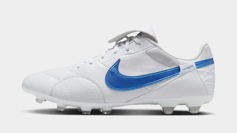 Nike Premier 3 Football Boots in Brilliant White & Blue. Available to purchase at Lovellsoccer.co.uk