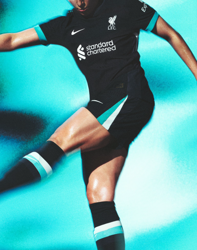 Liverpool Away Kit for the Premier League season in Black, adorned with turqoiseand white accents.