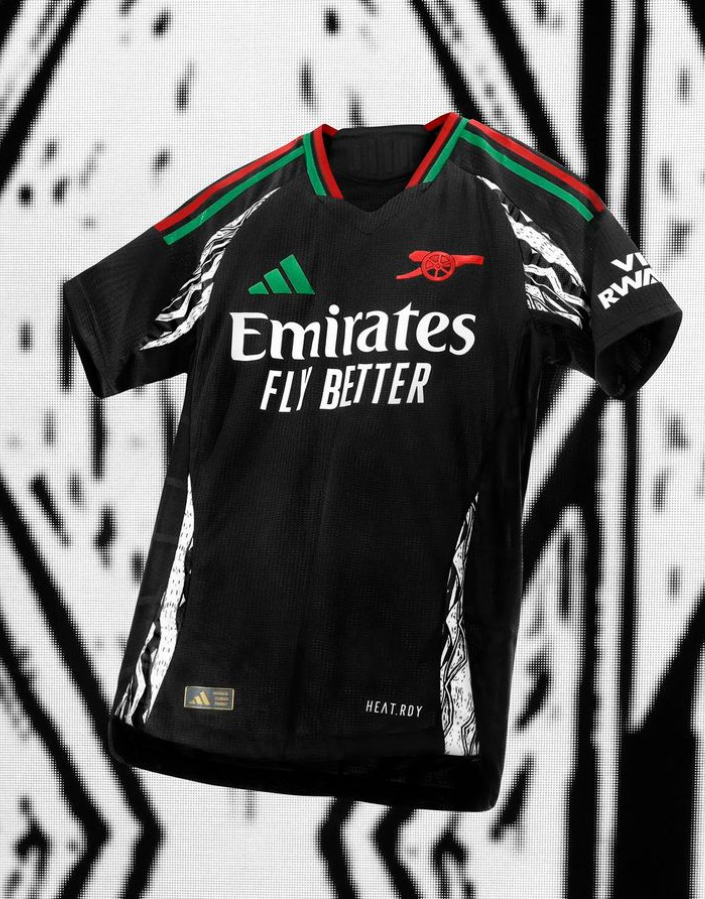 Arsenal Away Shirt in Black, adorned with green & red, with white & black graphics.