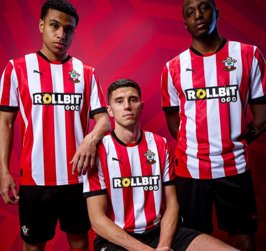 Southampton Home Kit by Puma for the 2024/25 Footballing Season. Featuring White & Red Pin-striping.