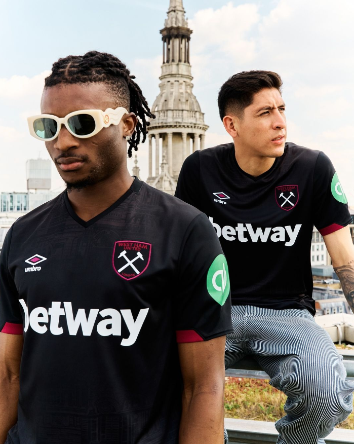 West Ham Away Kit in black & white, with green and red accents for the 2024/25 premier league season.